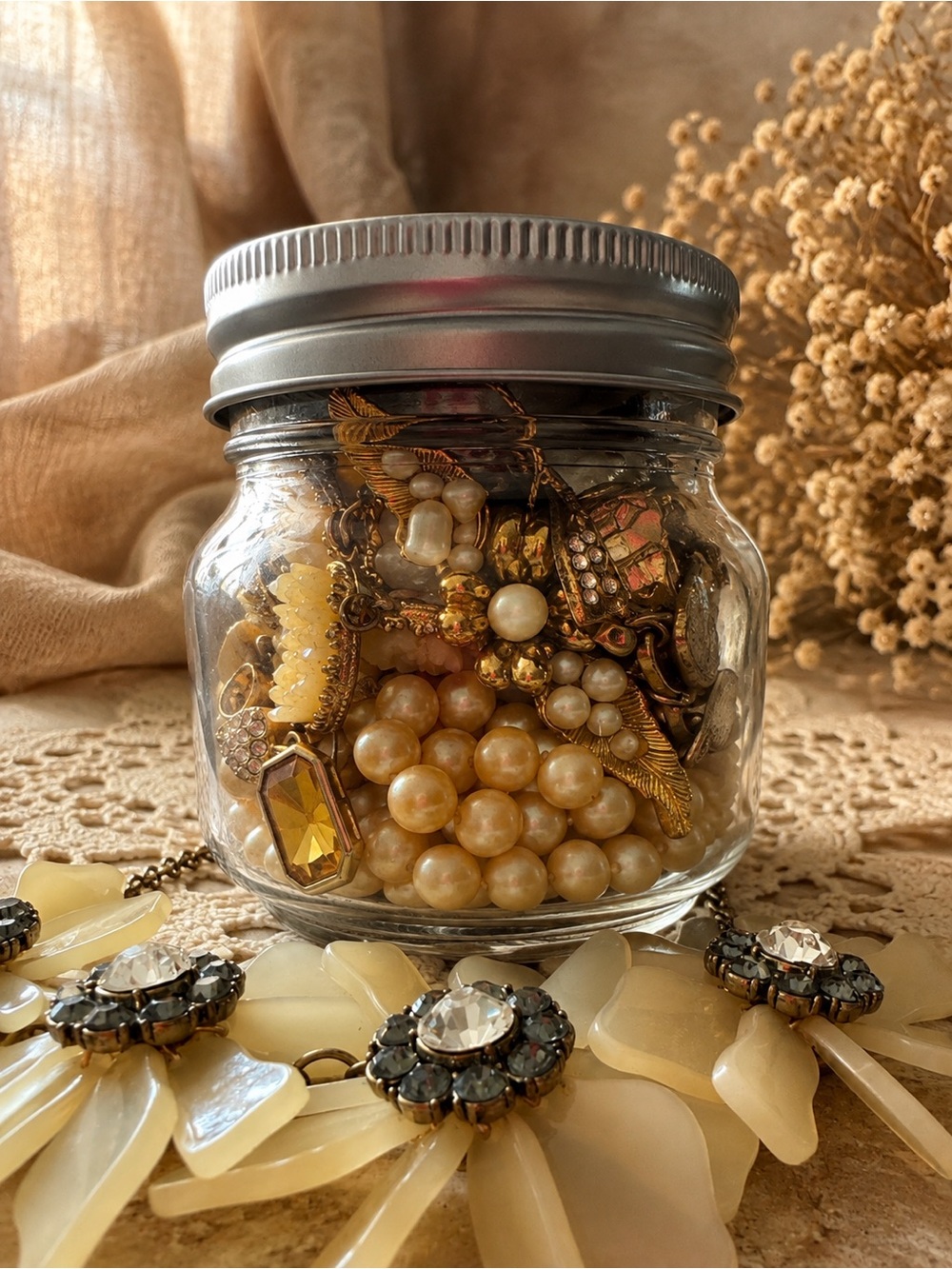 Little cream and gold playful feminine mystery jewelry jar